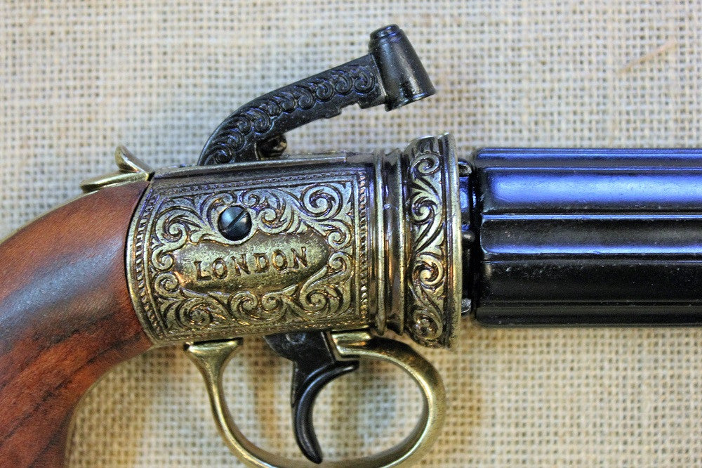 London 1840 Pepperbox Revolver Replica (6 Barrels), brass frame marked London, close up