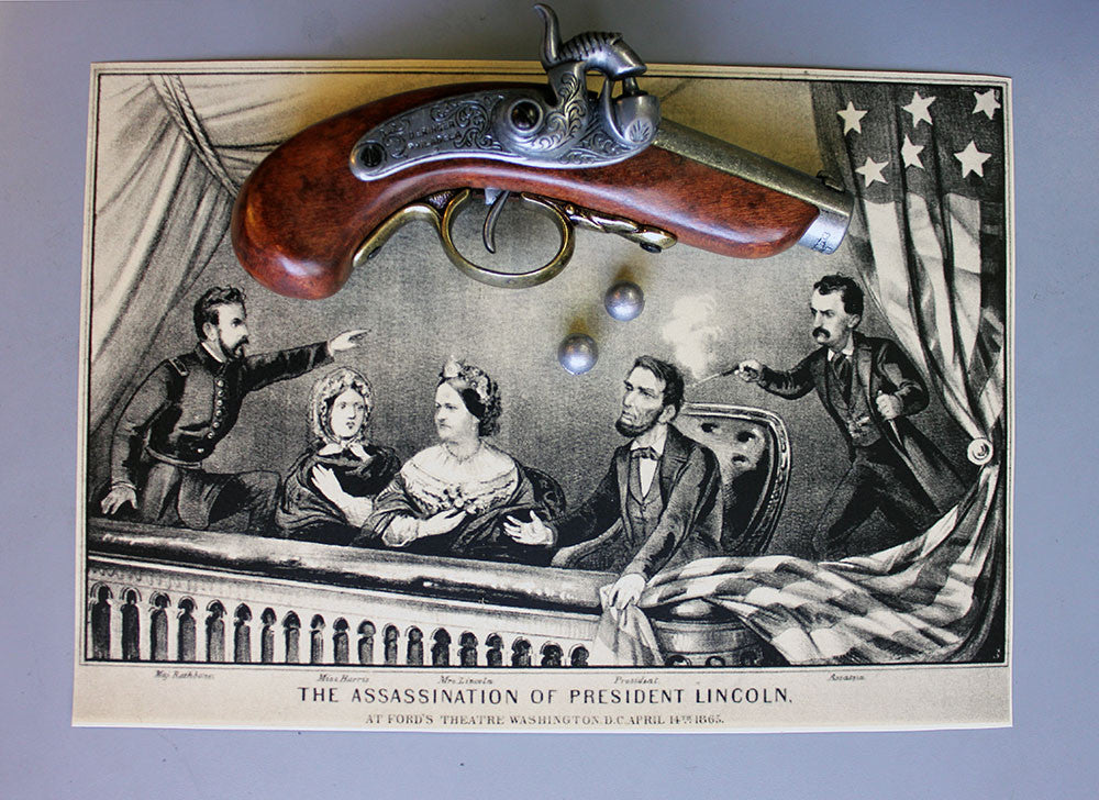 Baby Philadelphia Deringer Replica Pistol, USA 1850, with a 19th-century print