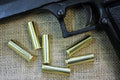 .357 Magnum Brass Shells (Set of 6), six cases beside a pistol replica