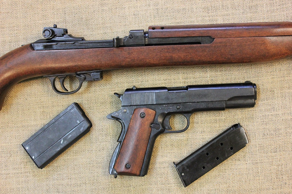 M1 Carbine Replica, USA 1941, with a Colt 1911 replica and magazines