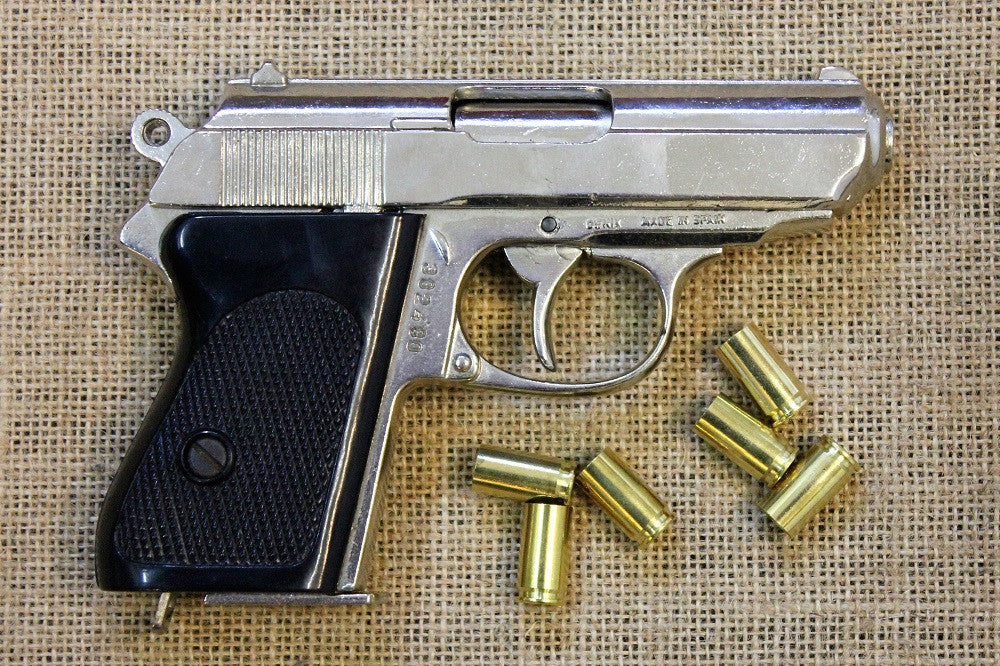 Walther PPK Replica Pistol (Chrome), right side with dummy rounds