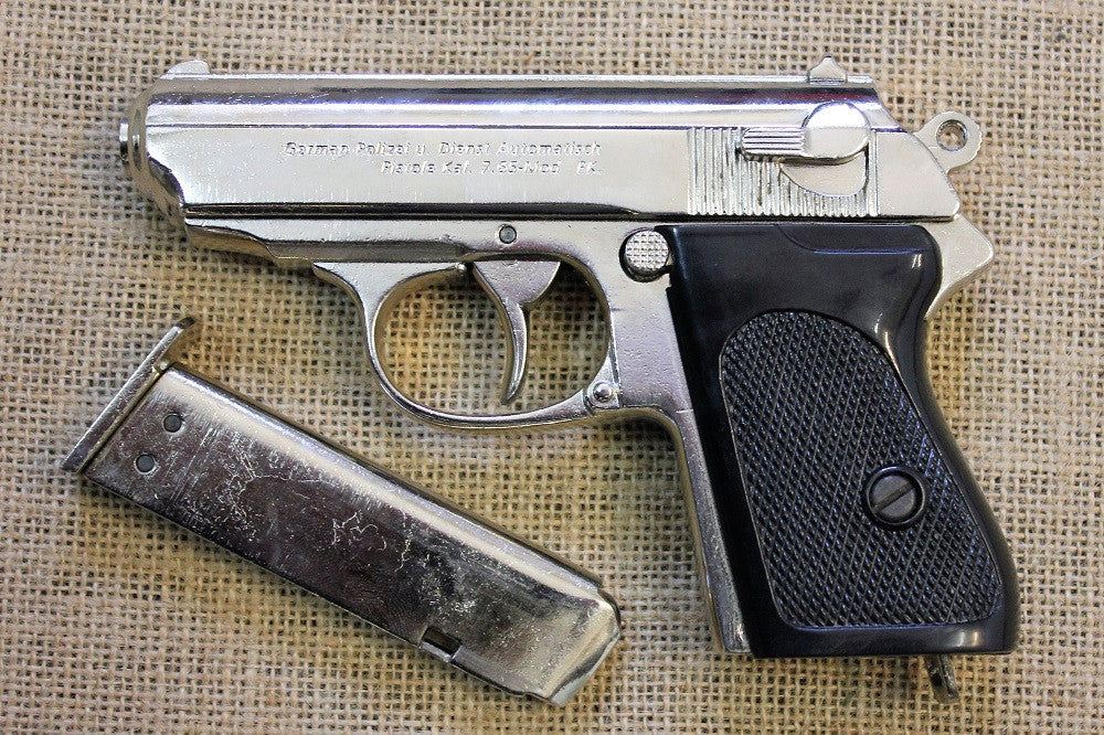 Walther PPK Replica Pistol (Chrome), left side with the magazine out