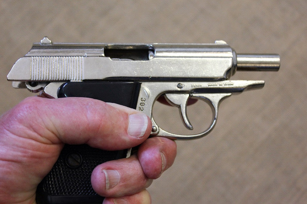 Walther PPK Replica Pistol (Chrome), in the hand with the slide back